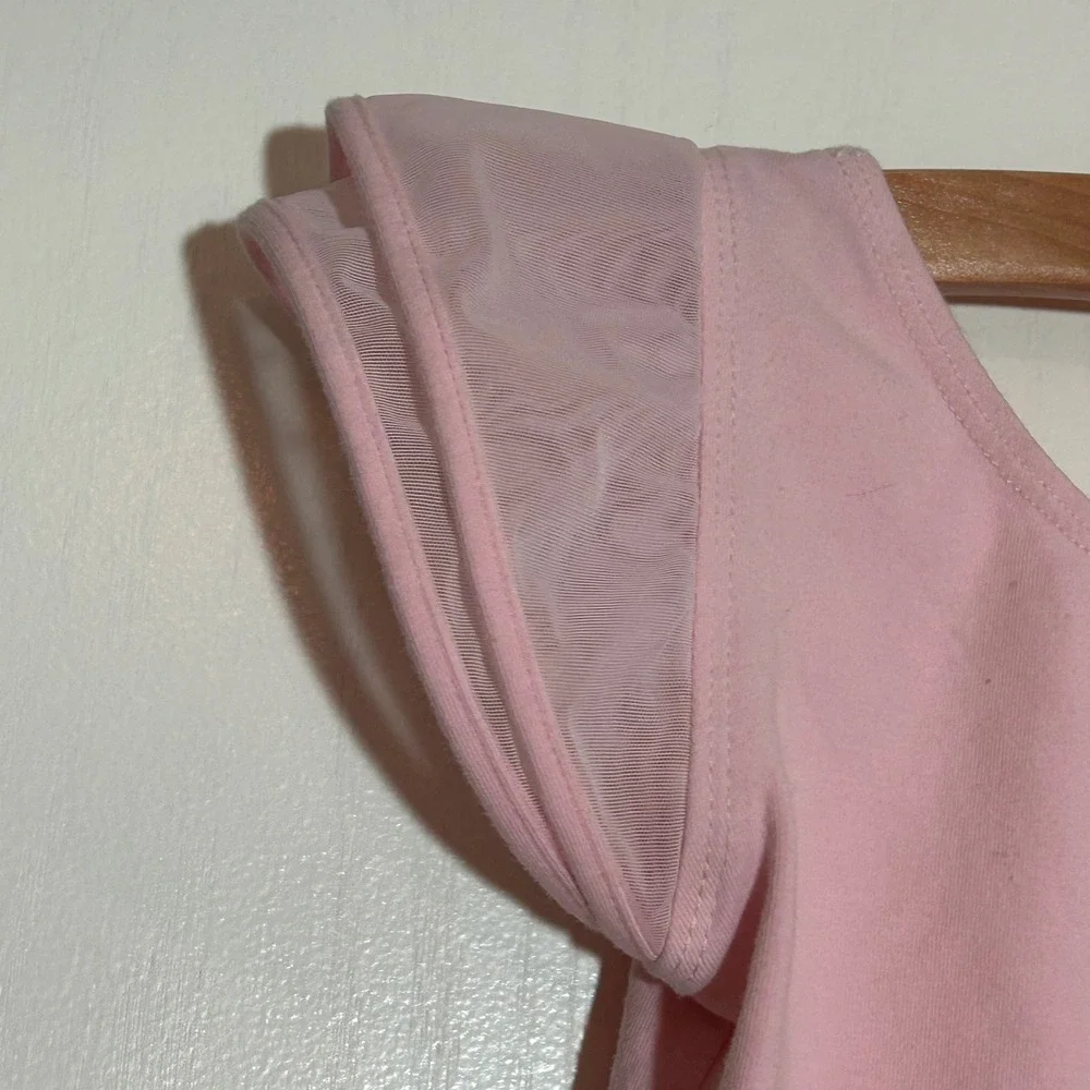Girls Pink Ballet Leotard Dress Mesh‎ Flutter Sleeve Tutu Dancewear Size 130